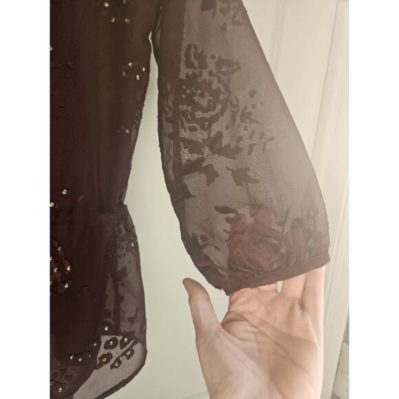 Sundance Womens SM Blouse Burgundy Embroidered Semi Sheer Drawstring Waist BOHO - Picture 9 of 12